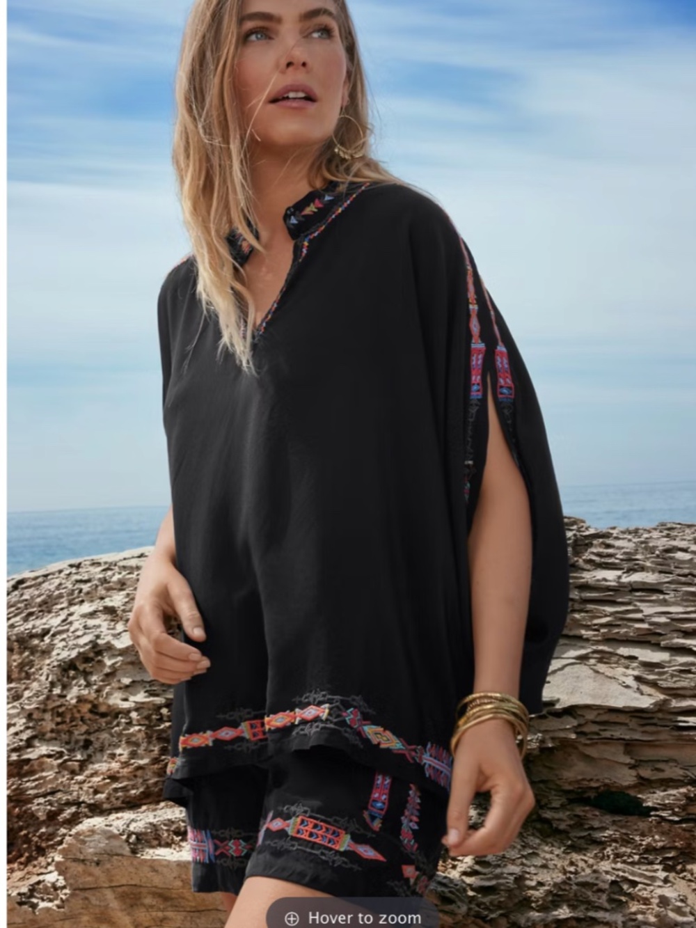 BIYA by JOHNNY WAS Sascha Black Embroidered Silk Poncho Top NWOT sz L/XL